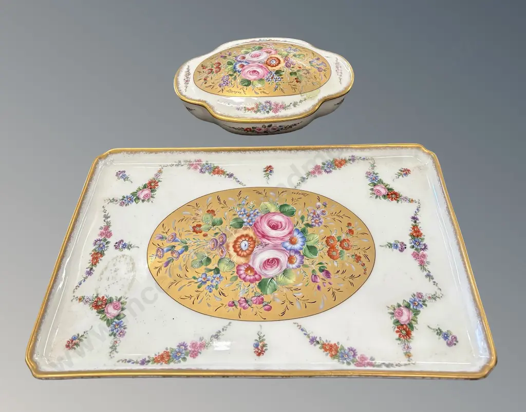 Limoges Scalloped Edge Lidded Container and Tray L32x20cm, with Gilt Floral Pattern Image 1++