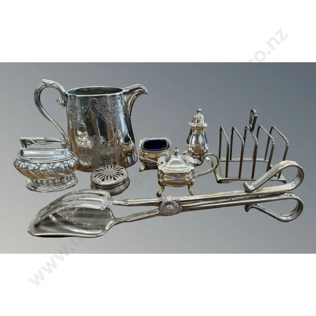 Asstd Silver Salt Pepper, Mustard Pot, Tongs, Lighter Toast Rack, Jug etc Image 1++