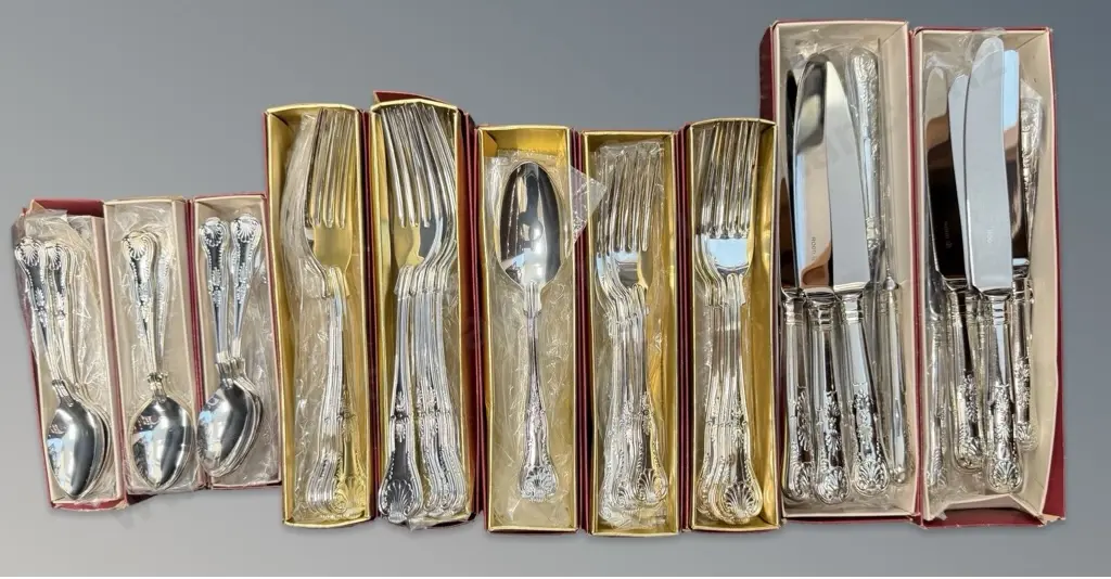 Large Selection of Boxed Silver Plate Kings Pattern Cutlery Image 1++