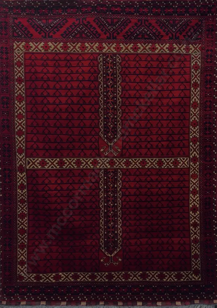 Hutschlu Afghan Rug, Geometric Weave – Red, Blue and Tan Tones 220x164cm Image 1++