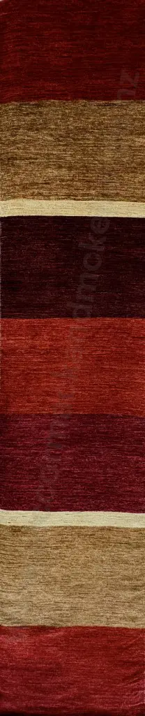 Gabbeh Runner, Afghan Contemporary Weaving – Red, Burgundy, Tan and Brown Tonal Bands 367x79cm Image 1++