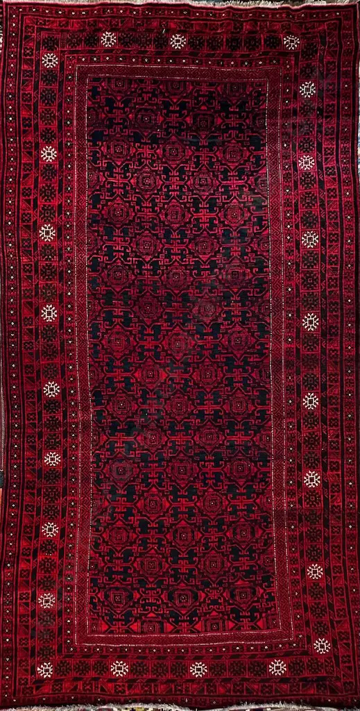 Balouchi Sistan Rug, Afghan Geometric Weave – Red, Black and Beige Tones 370x190cm Image 1++