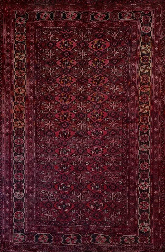 Turkoman Beshire Afghan Village Bokhara Weaving – Red, Black and Tan Tones 291x200cm Image 1++