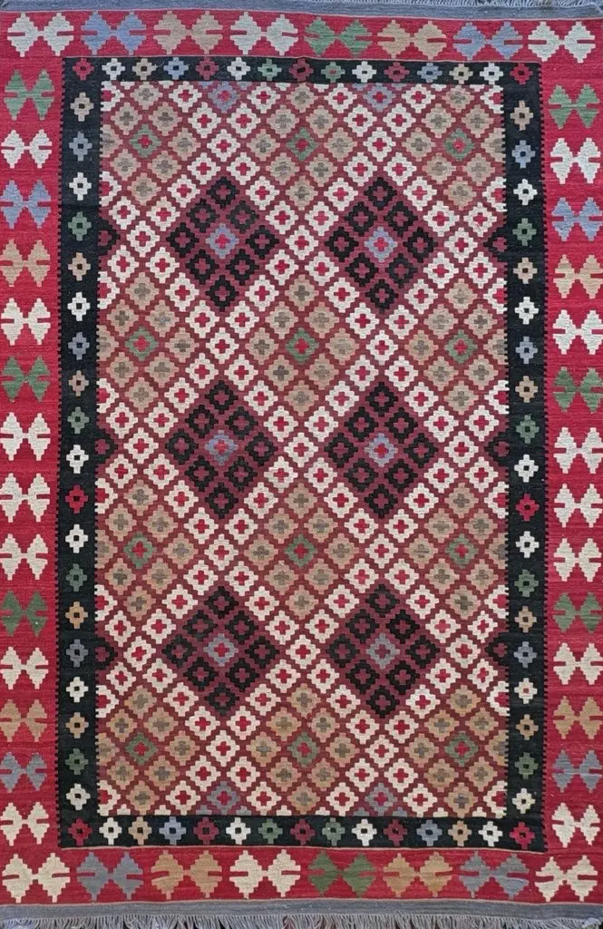 Kilim Rug - Red, Cream and Black Tones 216x318cm Image 1++