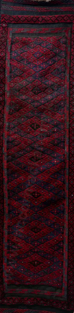 Mushwani Runner, Afghan mix of Kilim/Pile Geometric Weave – Red and Blue Tones 244x60cm Image 1++