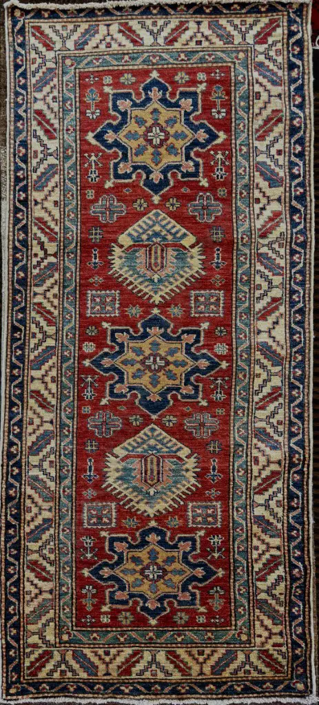 Kazak Runner, Afghan Bokhara Design – Red, Blue, Green and Tan Tones 184x80cm Image 1++
