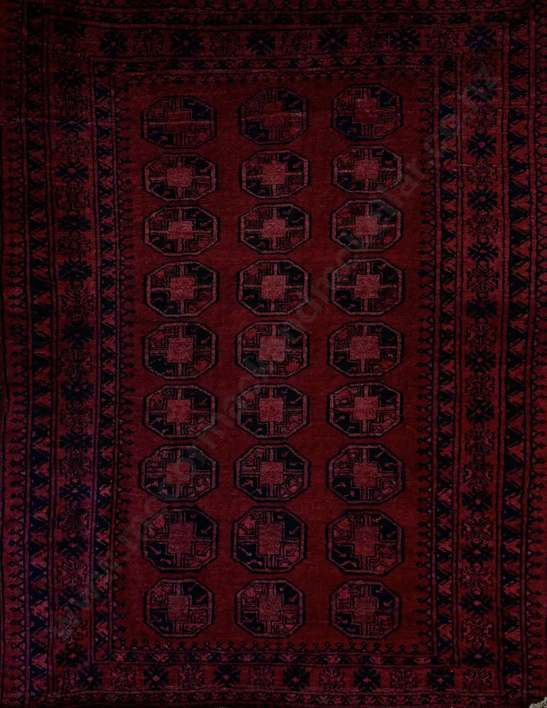 Turkoman Rug, Afghan Village Bokhara Weaving – Red, Black Tones 176x137cm Image 1++