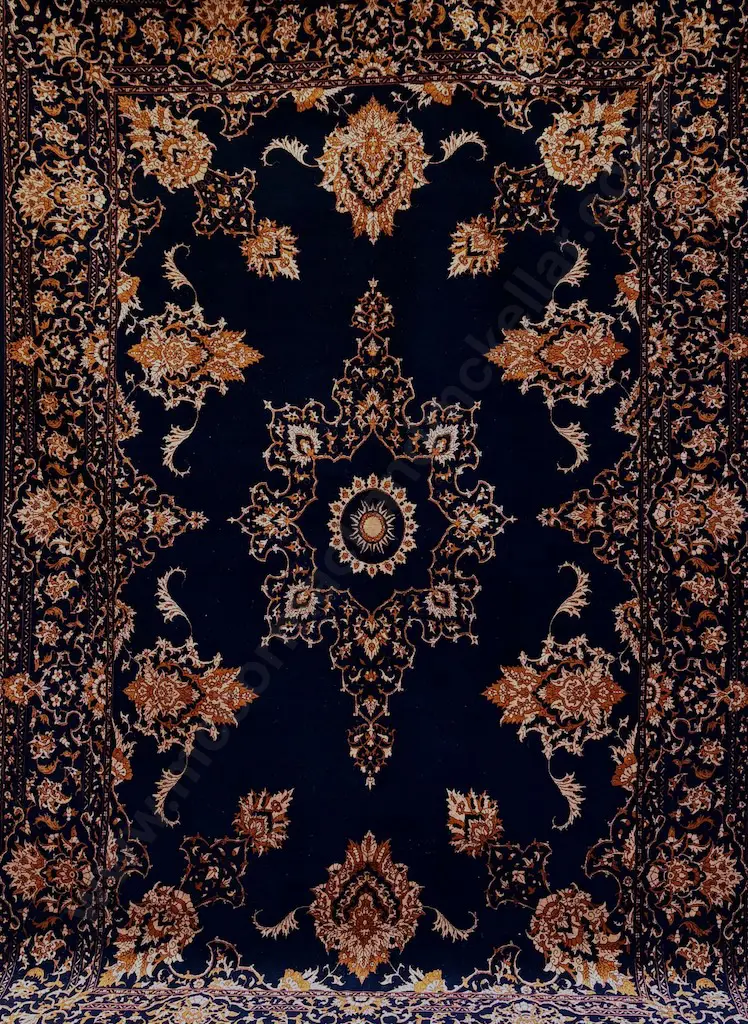 Tabriz Persian Rug, Superfine with Silk – Gold, White and Tan Tones over Indigo Blue Wool Field 254x170cm Image 1++