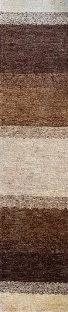 Gabbeh Runner, Afghan Contemporary Weaving - Brown, Tan and Beige Toned Bands 377x83cm Image 1++