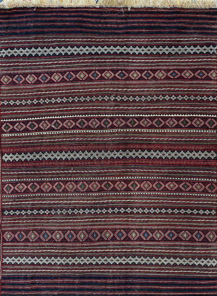 Soumak Rug, Afghan mix of Kilim/Pile Geometric Weave – Red, Beige, Blue and Tan Tones 196x147cm Image 1++