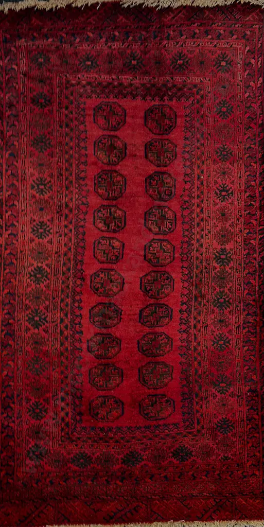 Turkoman Rug, Afghan Village Bokhara Weaving – Red and Black Tones, 196x105cm Image 1++