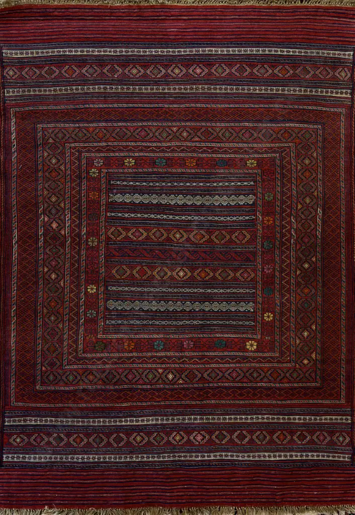 Soumak Rug, Afghan Kilim with Geometric Weave – Salmon, Blue, Tan and Green Tones 195x140cm Image 1++