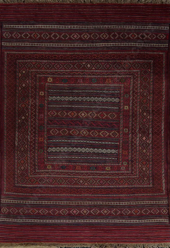 Soumak Rug, Afghan Kilim with Geometric Weave – Salmon, Blue, Tan and Green Tones 195x140cm Image 1++