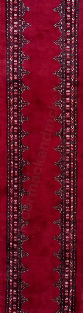 Mohri Runner, Geometric Design with Deep Plush Weave – Red, Black, Green and Tan Tones 412x79cm Image 1++