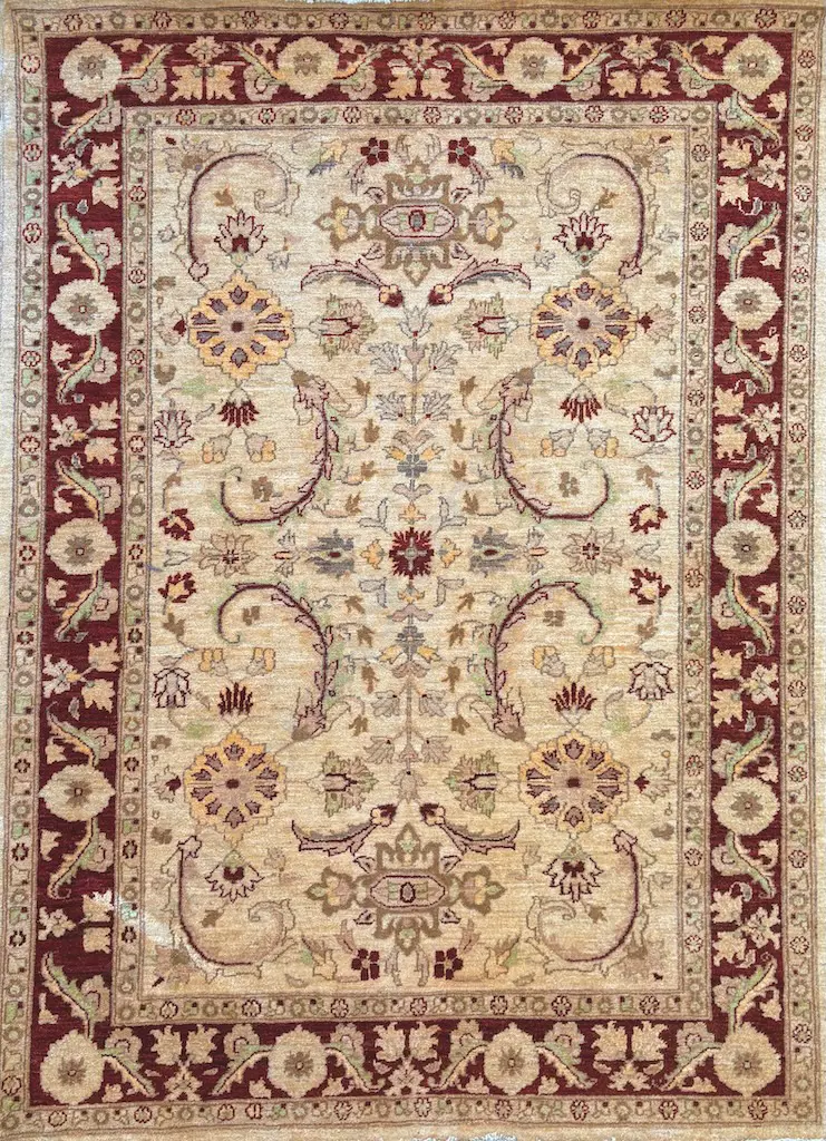 Chobrang Rug, Afghan Curvilinear Weaving – Green, Beige and Maroon Tones 235x172cm Image 1++