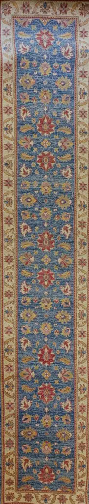 Chobrang Runner, Afghan Curvilinear Weaving – Blue, Green and Red Tones 425x77cm Image 1++