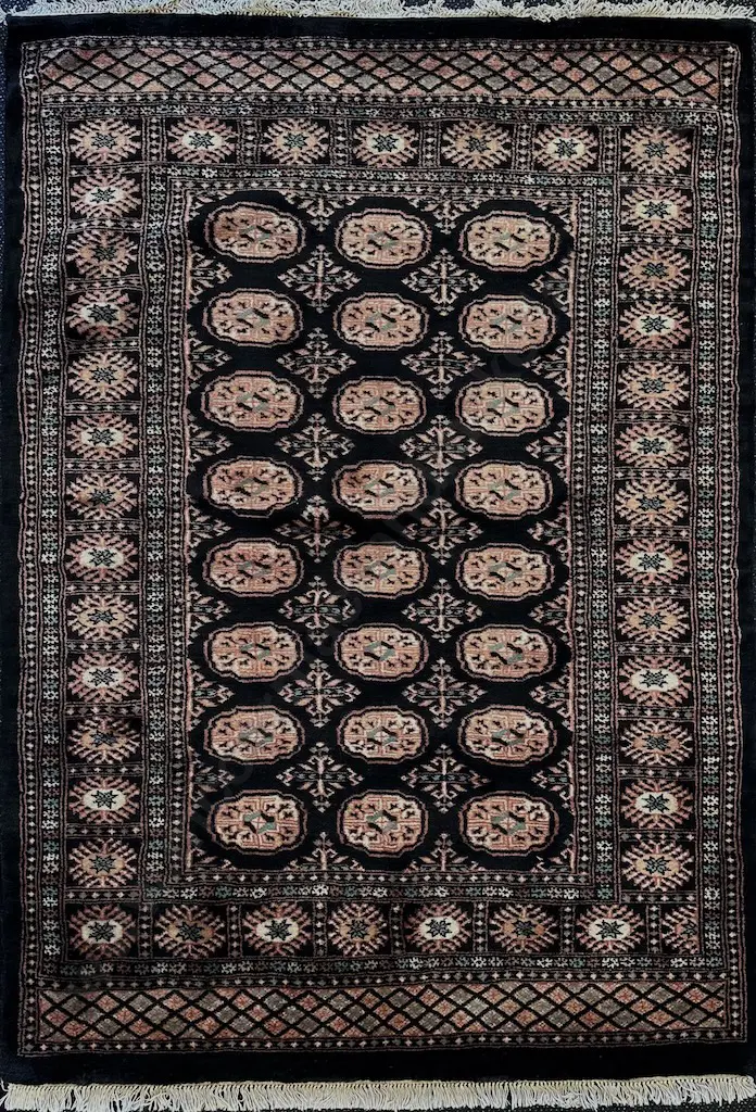 Mohri Rug, Bokhara Design with Deep Plush Weave – Black, Green and Tan Tones 179x128cm Image 1++