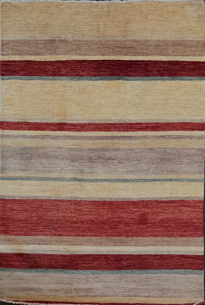 Gabbeh Rug, Afghan Contemporary Weaving – Green, Tan, Red and Beige Banded Tones 187x127cm Image 1++