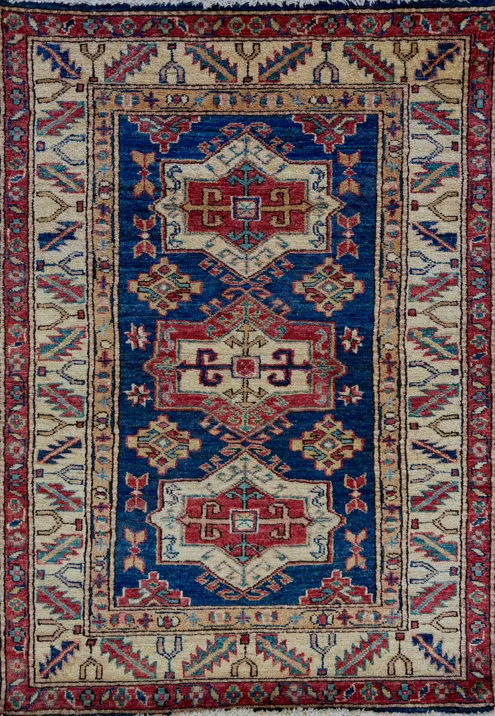 Kazak Rug, Afghan Bokhara Design – Red, Blue, Green and Tan Tones 111x81cm Image 1++