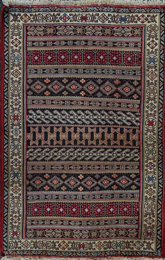 Soumak Persian Rug, Finely Woven Geometric Weave - Red, Blue, Gold, Tan and Green Tones 100x65cm Image 1++
