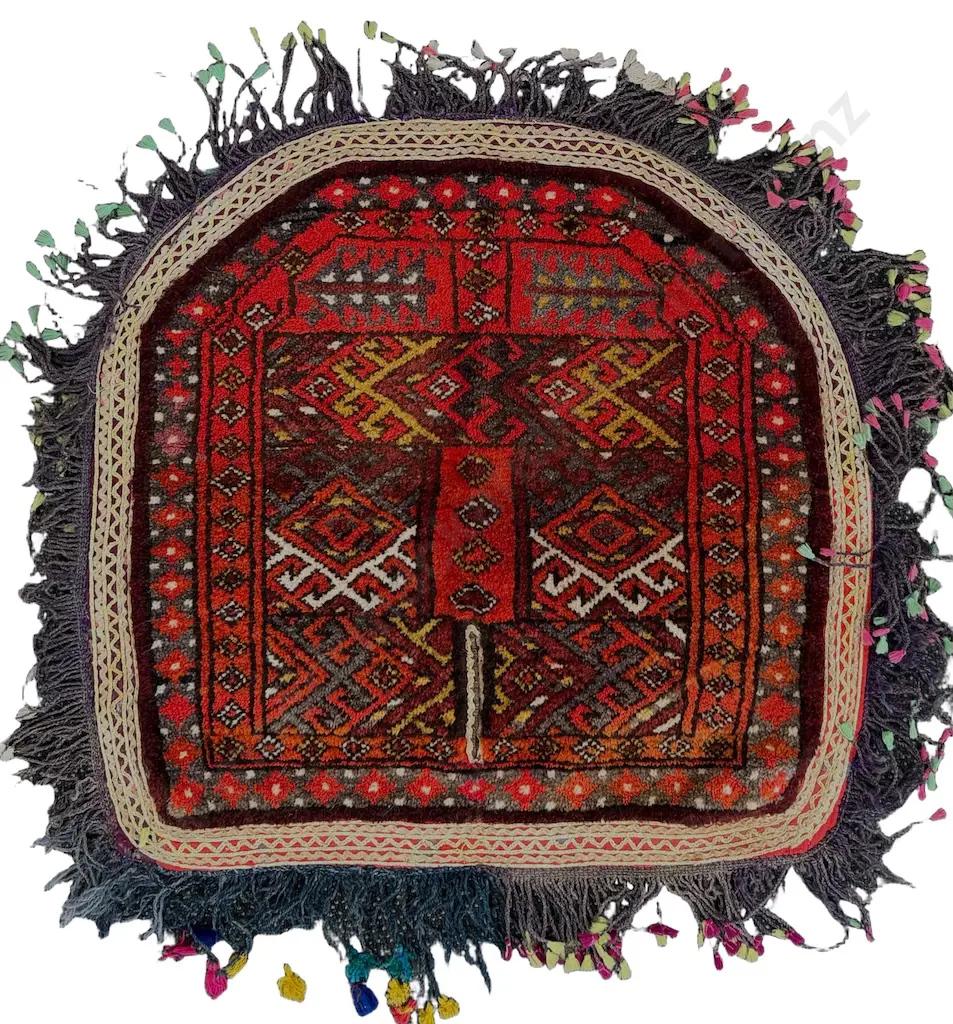 Balouchi Ceremonial Saddle Cover, Afghan Village Weaving – Red, Blue, Tan and Brown Tones 66x63cm Image 1++