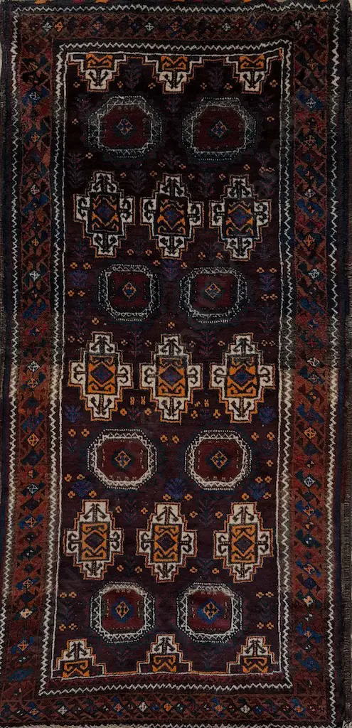 Nomadic Balouchi Afghan Rug – Burgundy, Orange, Blue and Tan Tones 227x118cm Image 1++