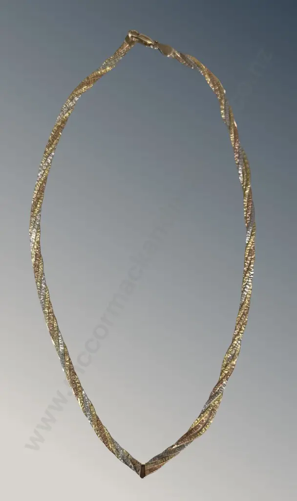 9ct Gold Tri Coloured Braided Herringbone Necklace with interwoven Yellow, White and Rose Gold, L40cm, TW10gms Image 1++