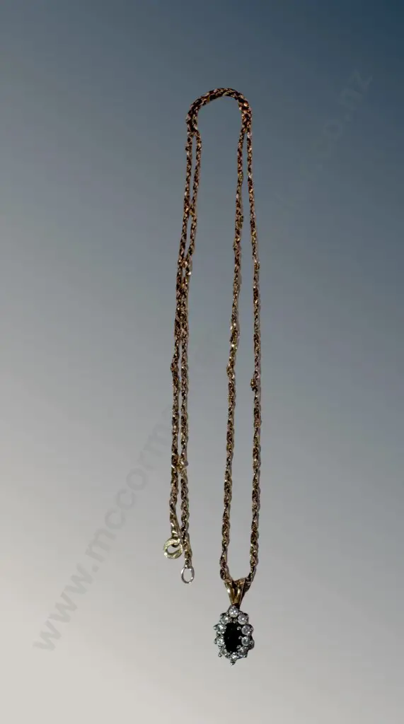 9ct Gold and Sapphire Pendant and Chain, L48cm, TW4.34, (chain AF) Image 1++
