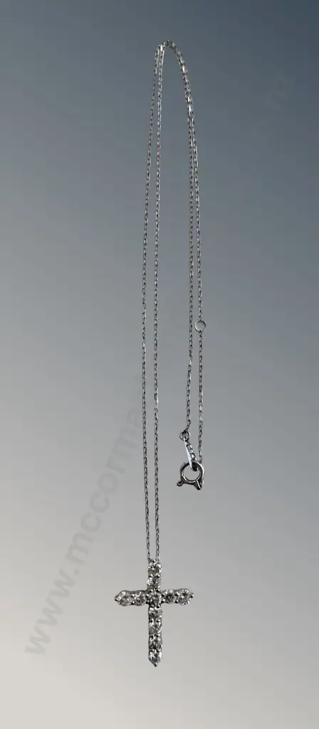 Platinum Set Diamond Pendant Cross and Chain, TDW1ct, L44cm, TW2.78gms Image 1++
