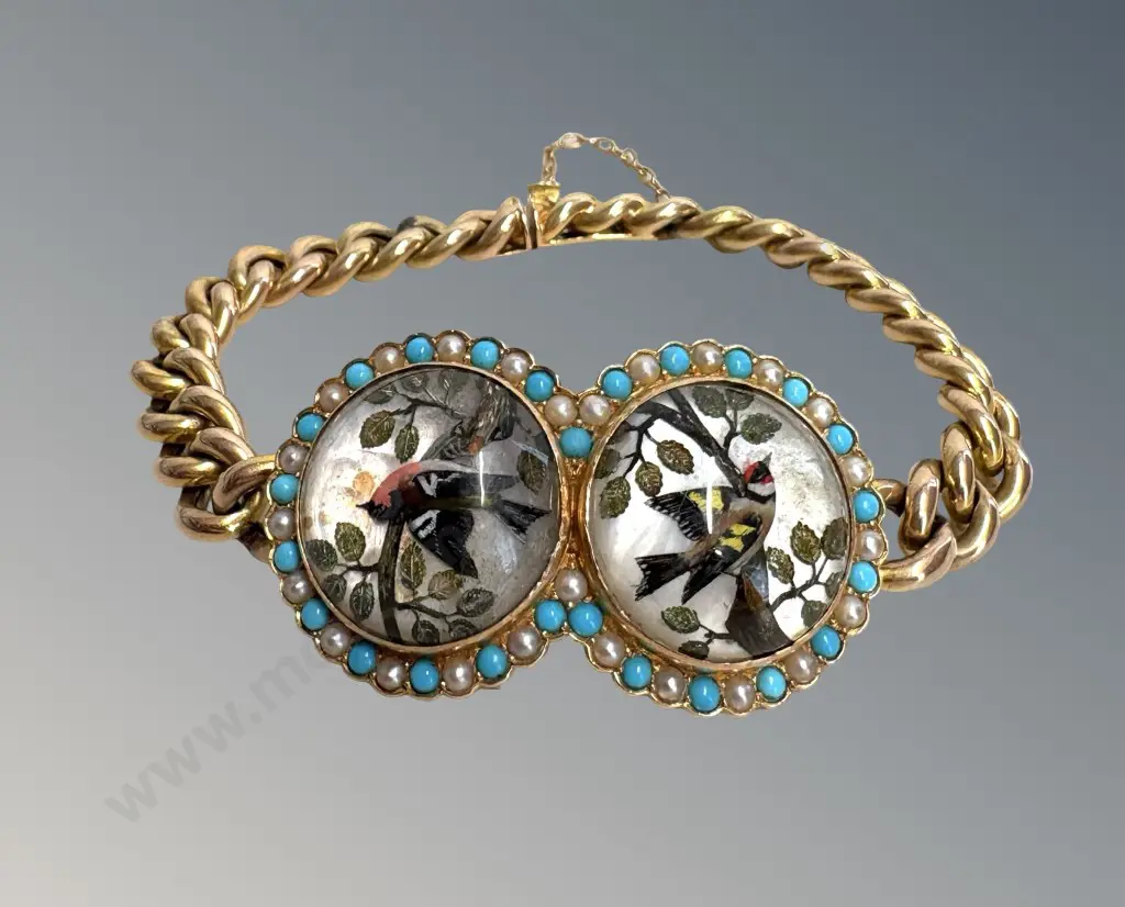 15ct Curb Link Bracelet with Turquoise, Seed Pearl & Enamel Bird Medallions TW28.59gms Image 1++