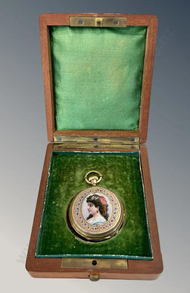 9ct Gold, Gold Plate and Enamel Pocketwatch featuring Portrait with Diamonds, TW40.36gms Image 1++