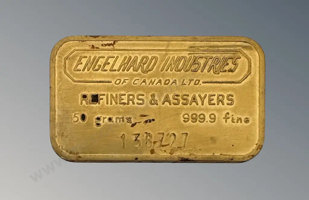 50gm Gold Bullion Bar, Manufactured by Engelhard Industries of Canada, 999.9 purity, serial number 138727 Image 1++