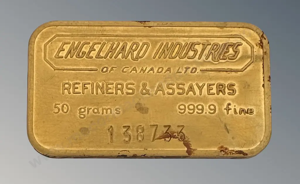 50gm Gold Bullion Bar, Manufactured by Engelhard Industries of Canada, 999.9 purity, serial number 138733 Image 1++