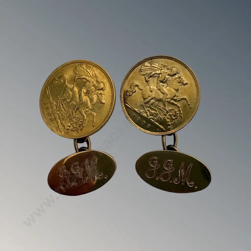 1909 Gold Half Sovereign Cufflinks with 9ct Gold Chain Link and Toggles TW11.21gms (3.24gms of 9ct, 7.98gms of 22ct Image 1++