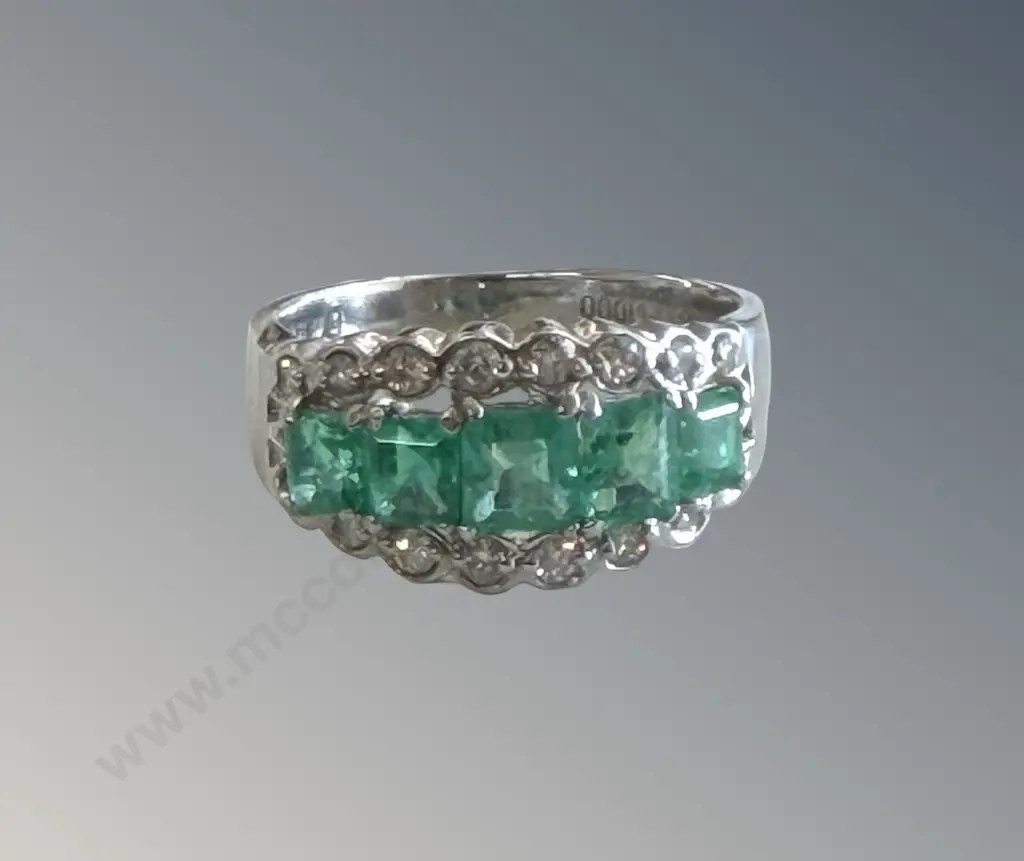 Platinum 5 Stone Emerald and Diamond Ring, Emeralds 1.34cts, Size M, TW6.5gms Image 1++