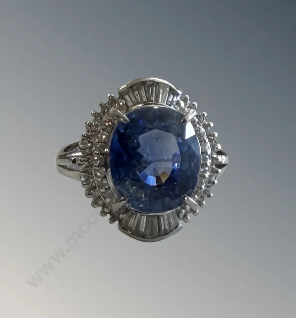 Platinum Blue Sapphire and Diamond Cluster Ring, Sapphire 6.36ct, Size M, TW8.48gms Image 1++