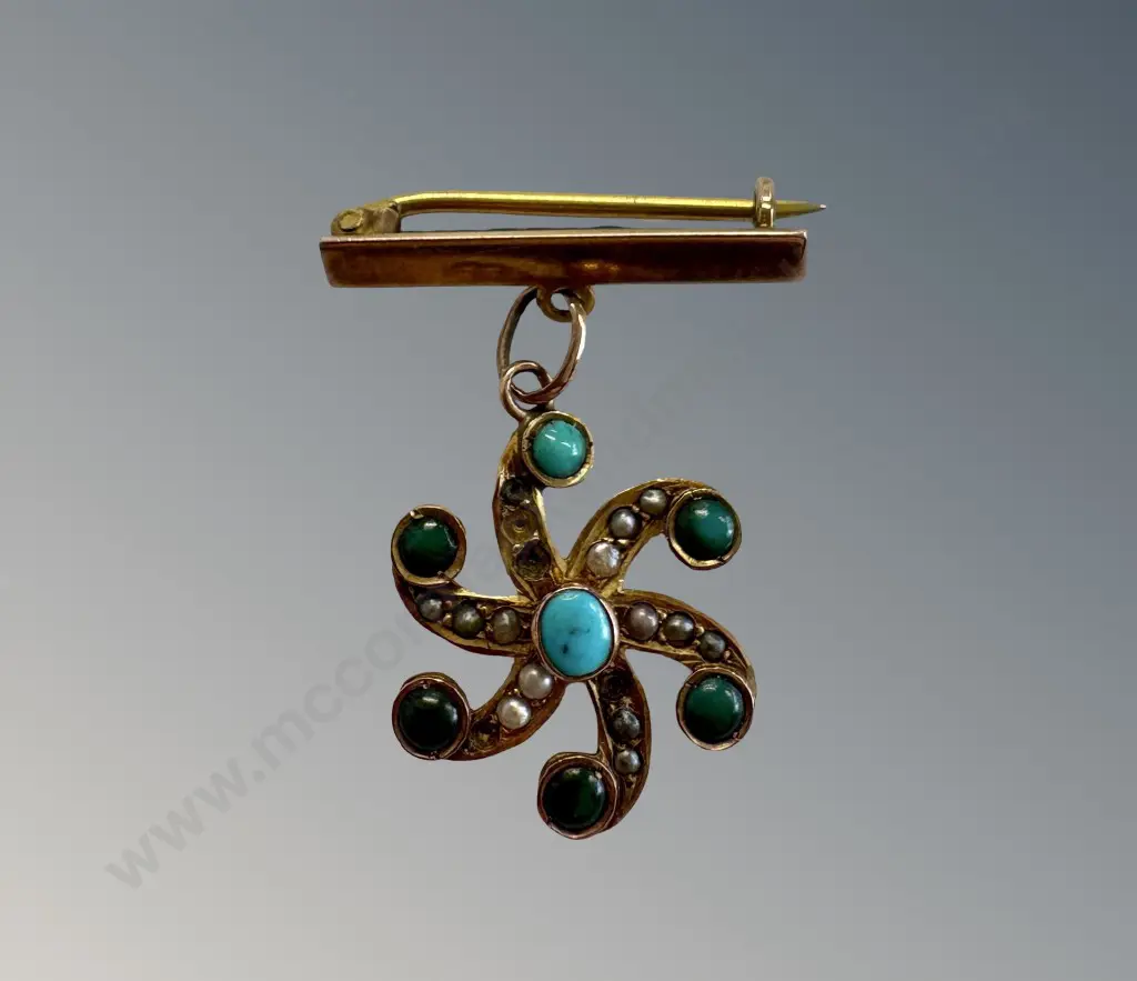 9ct Gold Turquoise Seed Pearl Pendant/Brooch, TW2.77gms Image 1++