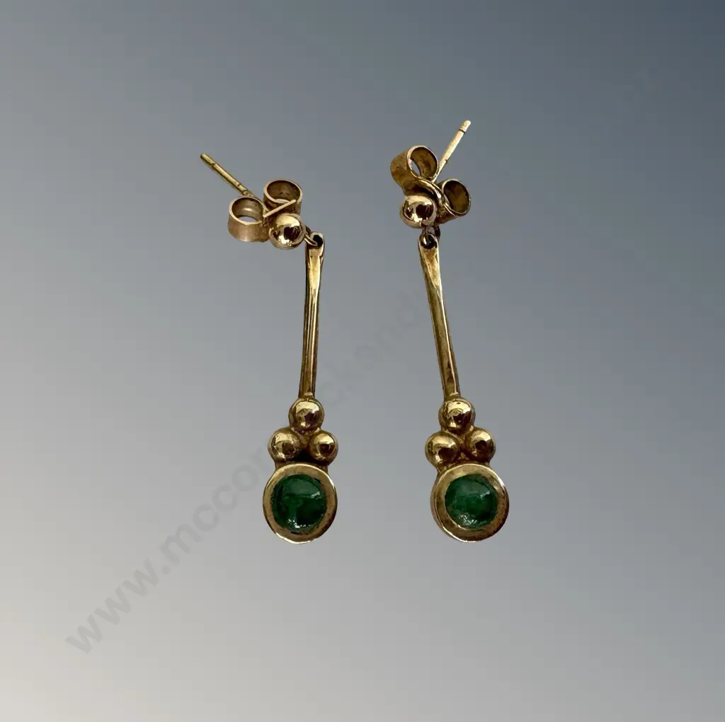 Pair of 9ct Gold and Emerald Drop Earrings, TW2.1gms Image 1++