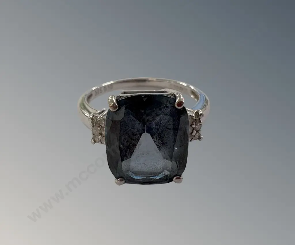 9ct White Gold Blue Topaz Diamond Ring, Size L/M, TW3.43gms Image 1++