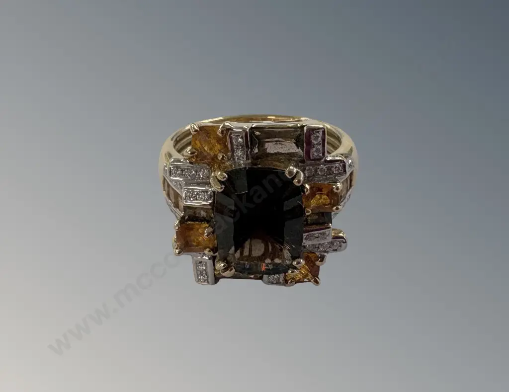 18ct Gold Citrine and Smokey Quartz Ring, Size N1/2, TW7.6gms Image 1++