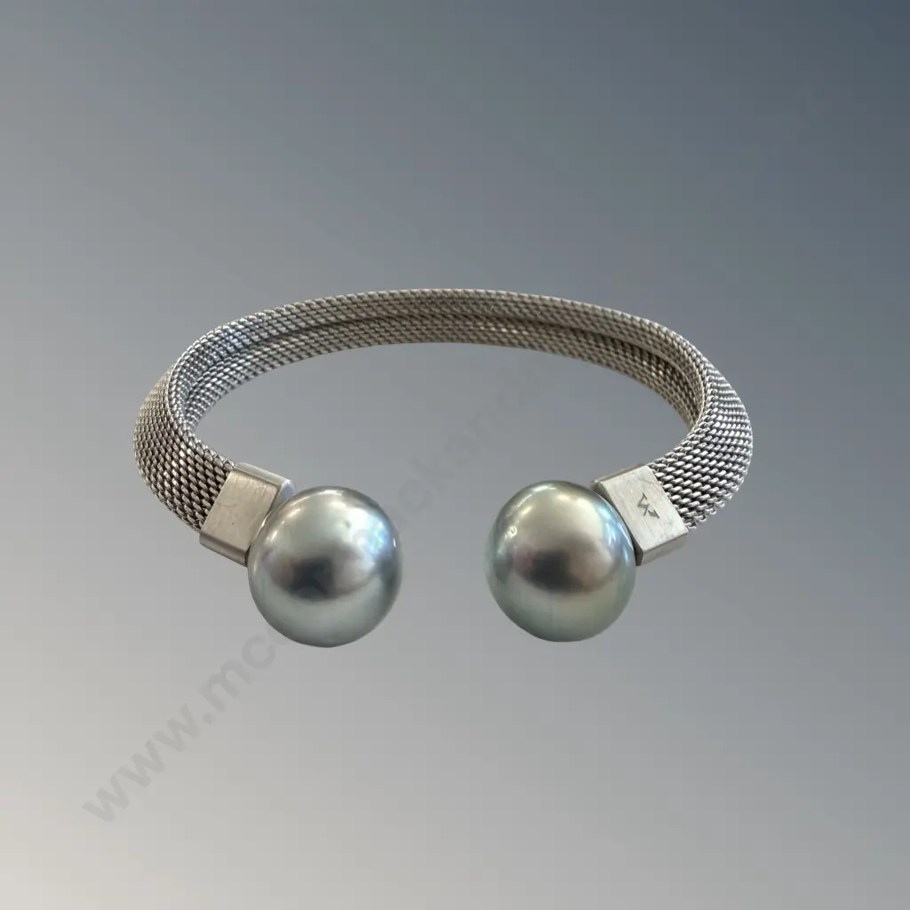 Double Tahitian Pearl Cuff Bracelet in Stainless Steel Image 1++