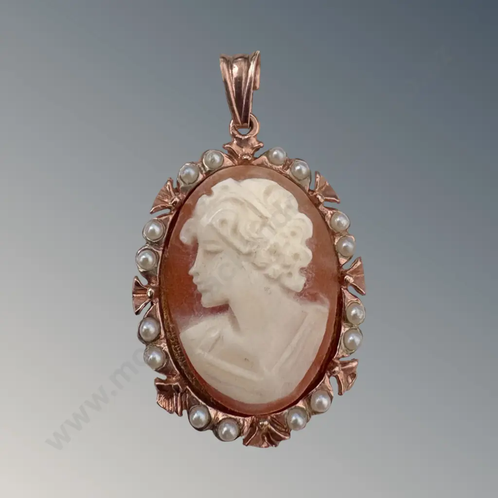 Rose Gold Plated Sterling Silver and Seed Pearl Cameo Pendant L3cm, TW3.77gms Image 1++