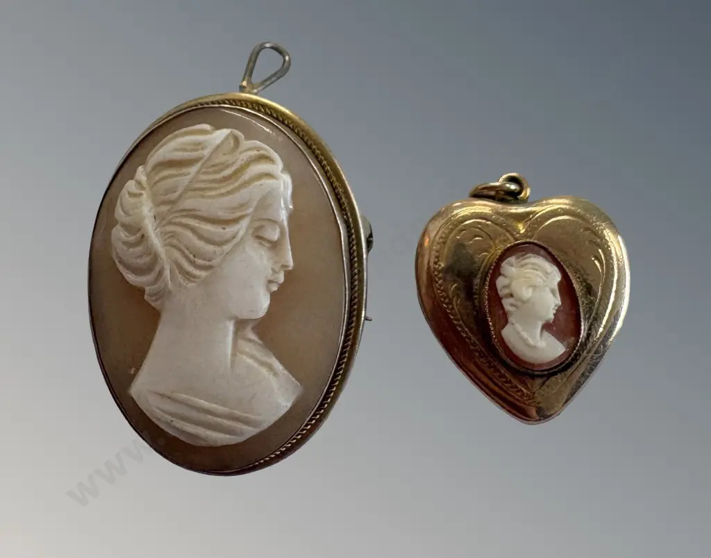 9ct Gold Lined Heart Shaped Locket with Miniature Cameo on Front and .800 Silver Cameo Brooch Image 1++