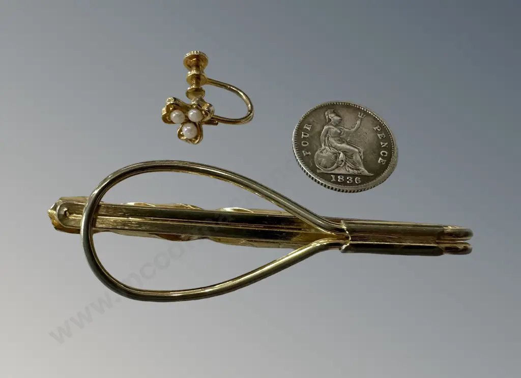 1836 Four Pence Coin, Screw Tip Tie Pin and Single Screw Back Seed Pearl Earring Image 1++