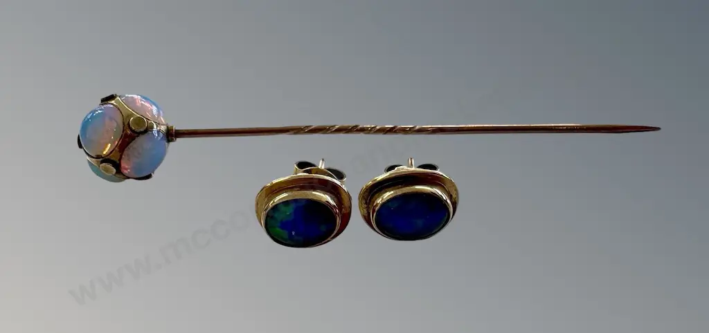 Rolled Gold Opal Earrings and Tie Pin Image 1++