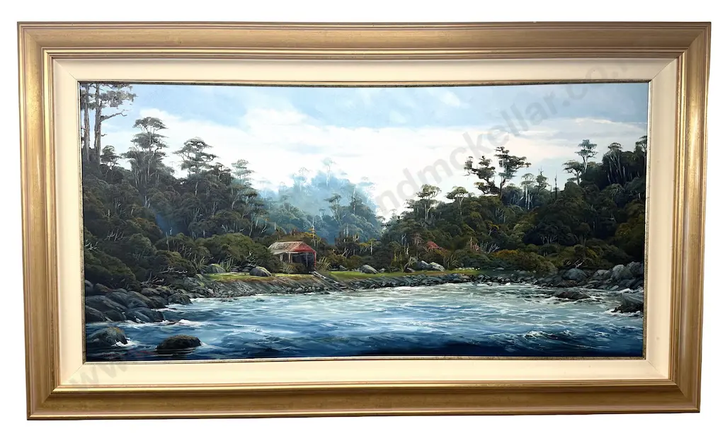 Wayne Edgerton - West Coast Fishing Hut, oil on board, 570x1170mm Image 1++