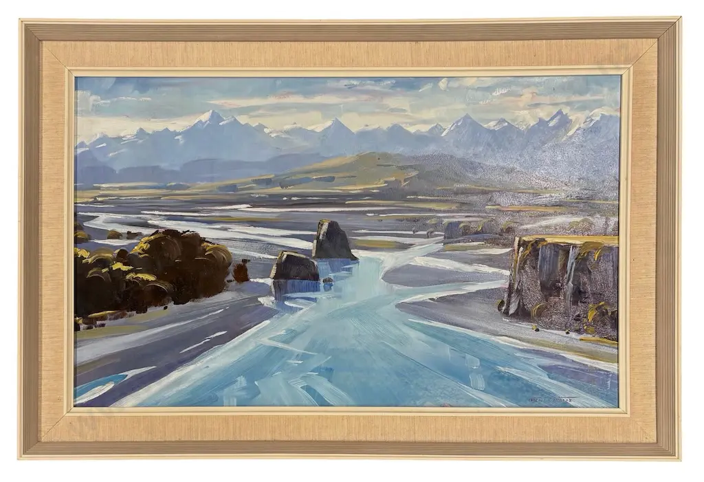 Brent Trolle - Waiau River, Bridge View to Hanmer, oil on board, 400x640mm Image 1++