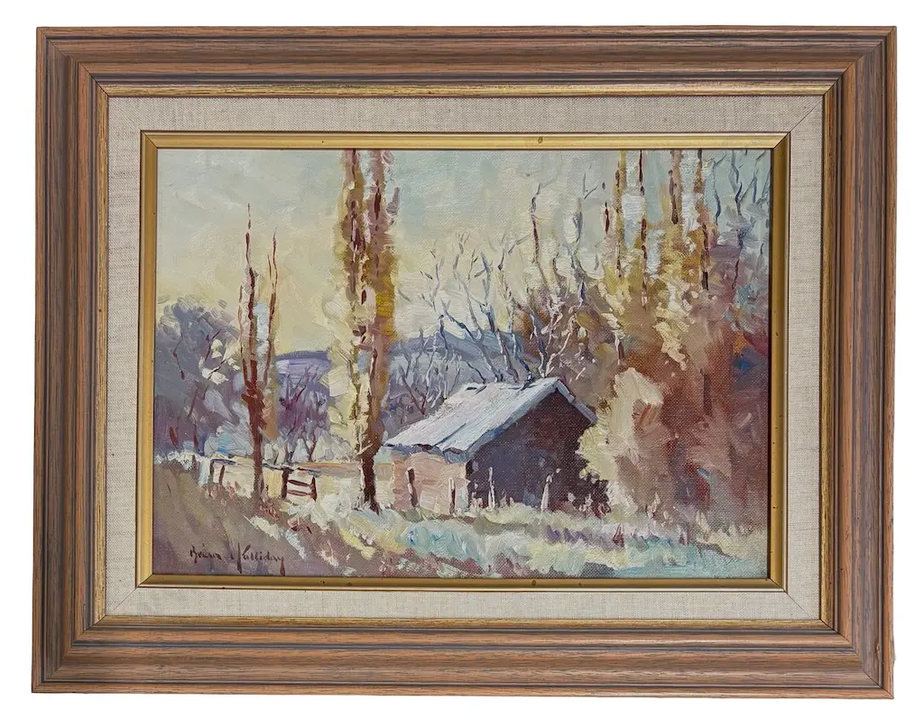 Brian Halliday - Farm Sheds, oil on board, 240x340mm Image 1++