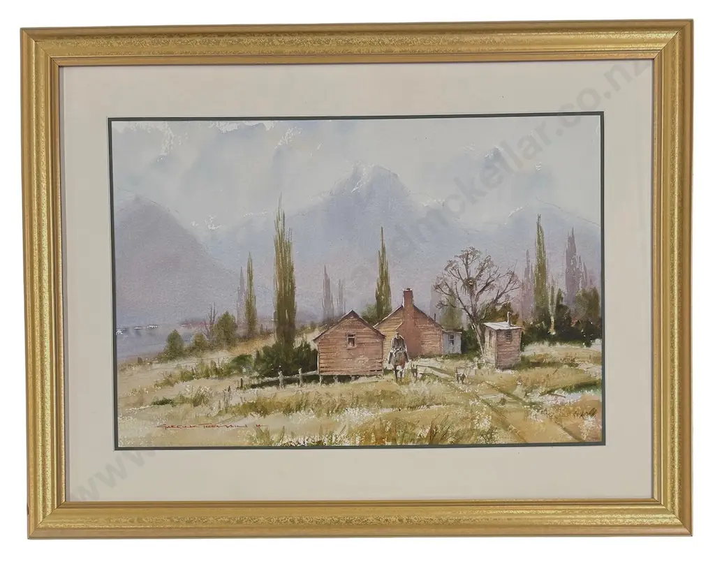 Garrick Tremain - Musterer and Farm Buildings, watercolour on paper, 360x540mm Image 1++