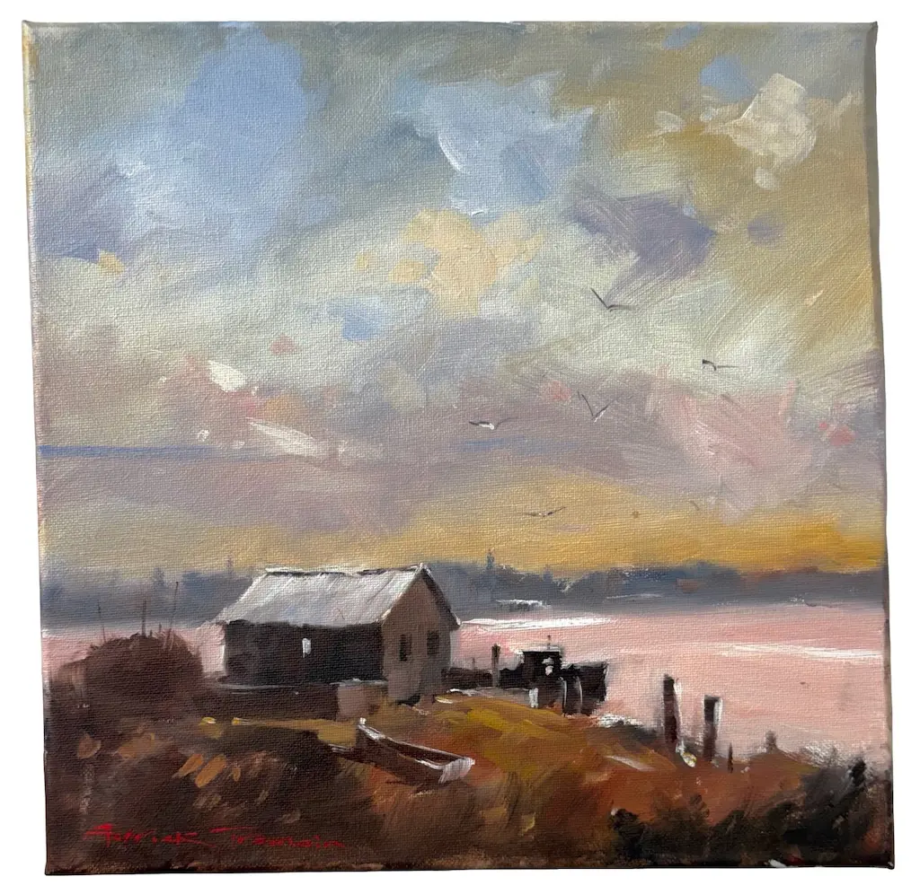 Garrick Tremain - Cottage and Dinghy, oil on canvas, 310x310mm  Image 1++